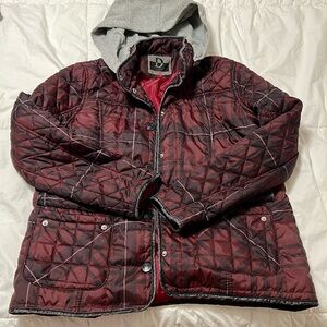 Dollhouse Burgundy Red & Black Plaid Puffer Jacket w/ Detachable Gray Hoodie